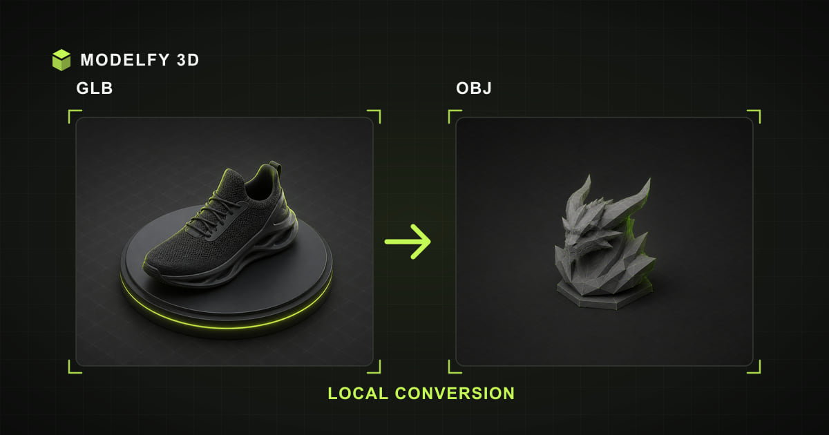 Browser-local GLB to OBJ conversion illustration