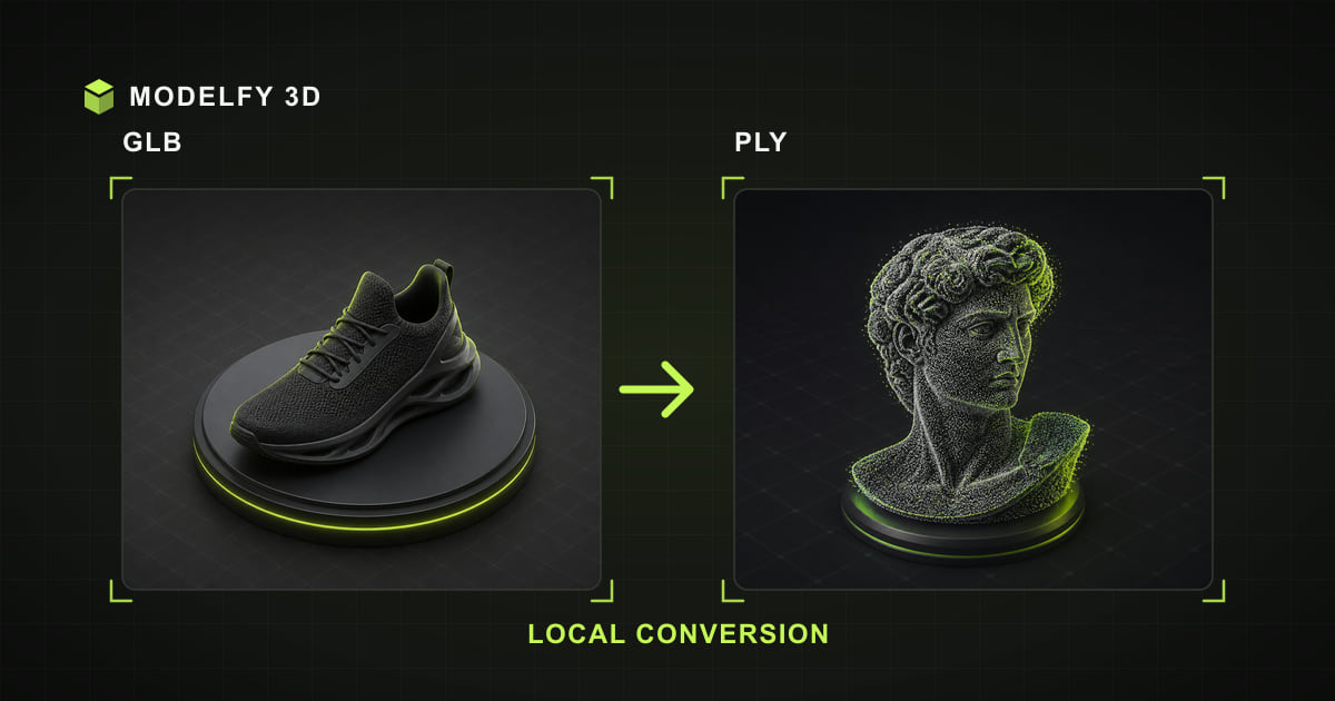 Browser-local GLB to PLY conversion illustration