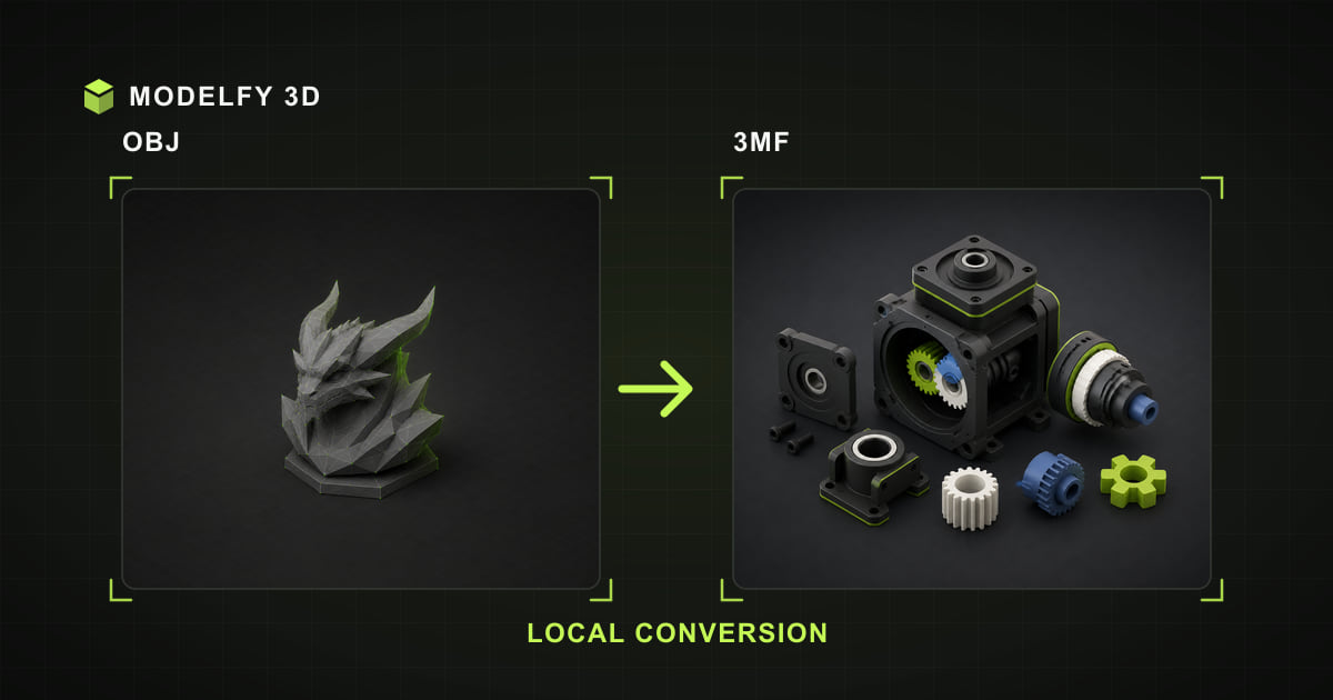 Browser-local OBJ to 3MF conversion illustration