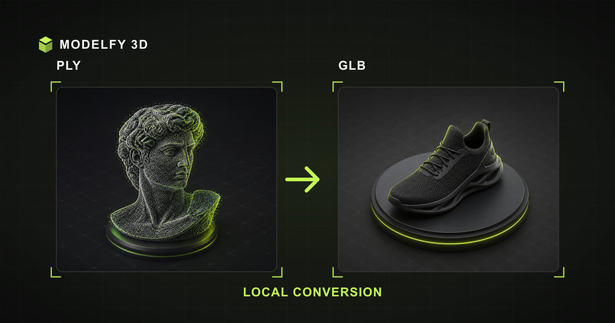 Browser-local PLY to GLB conversion illustration