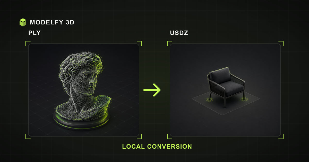 Browser-local PLY to USDZ conversion illustration
